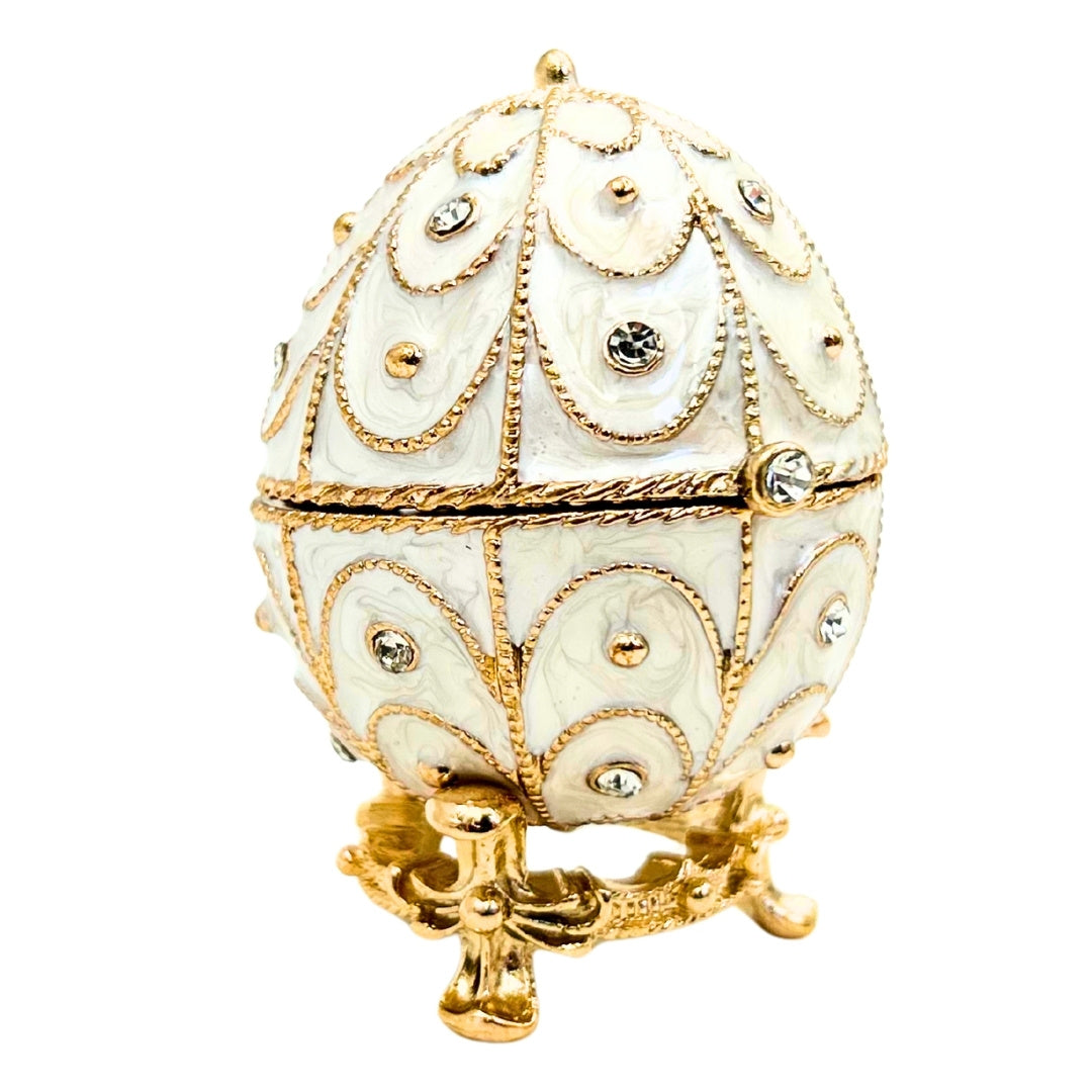 Exklusive Fabergé-Ei Schmuckschatulle aus Metall mit Kristallen in Weiß-Gold mit Gravur-Personalisierung  
