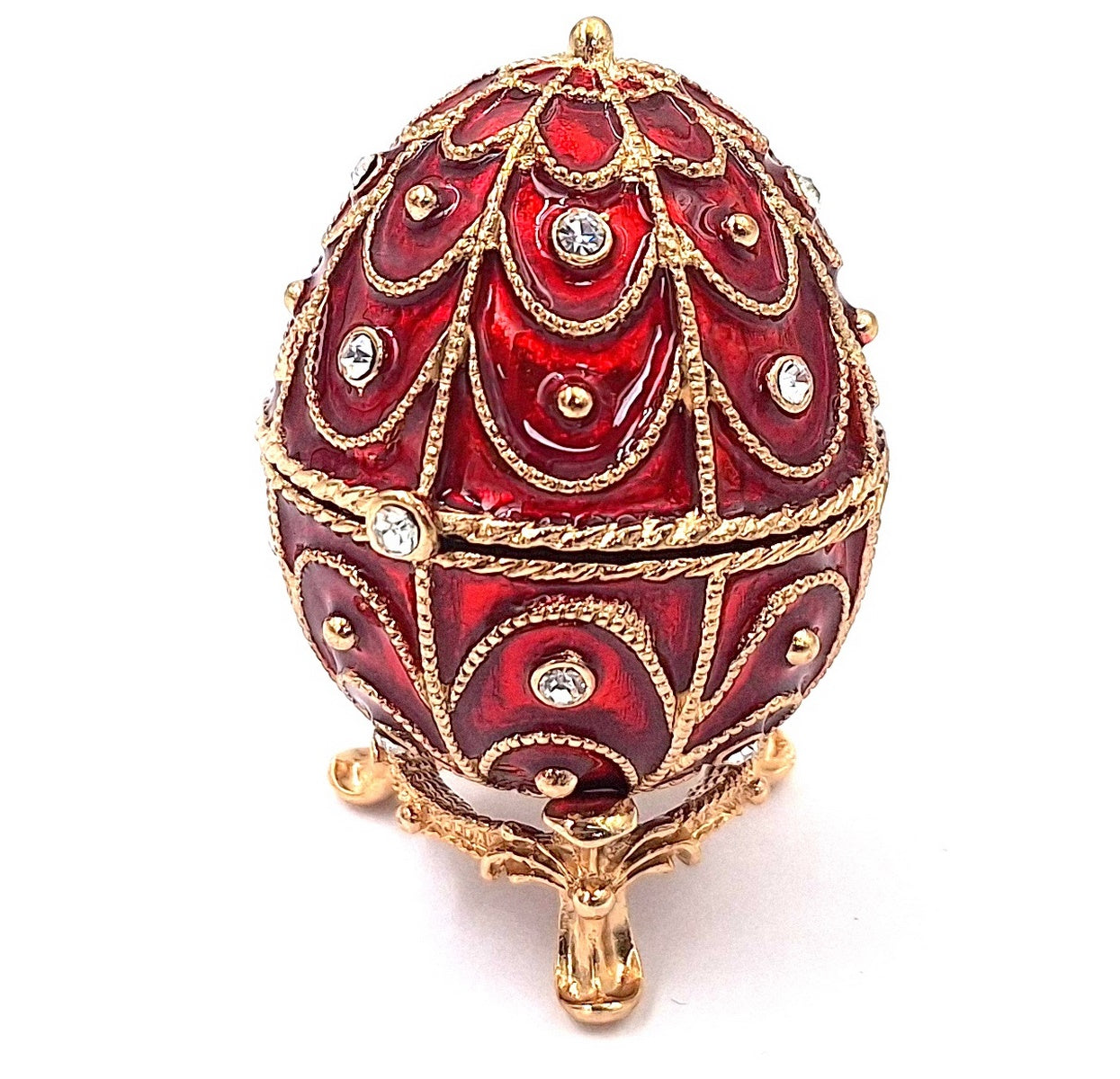 Exklusive Metall-Geschenkbox Fabergé mit Kristallen in Rot-Gold, personalisierbare Gravur, ideales Geschenk, Maße 5,5x6,5 cm  