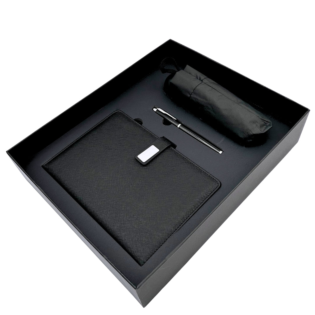 Elegantes Geschenkset mit Personalisierung - Leder-Notizbuch A5, Kugelschreiber und schwarzer Regenschirm in Geschenkbox