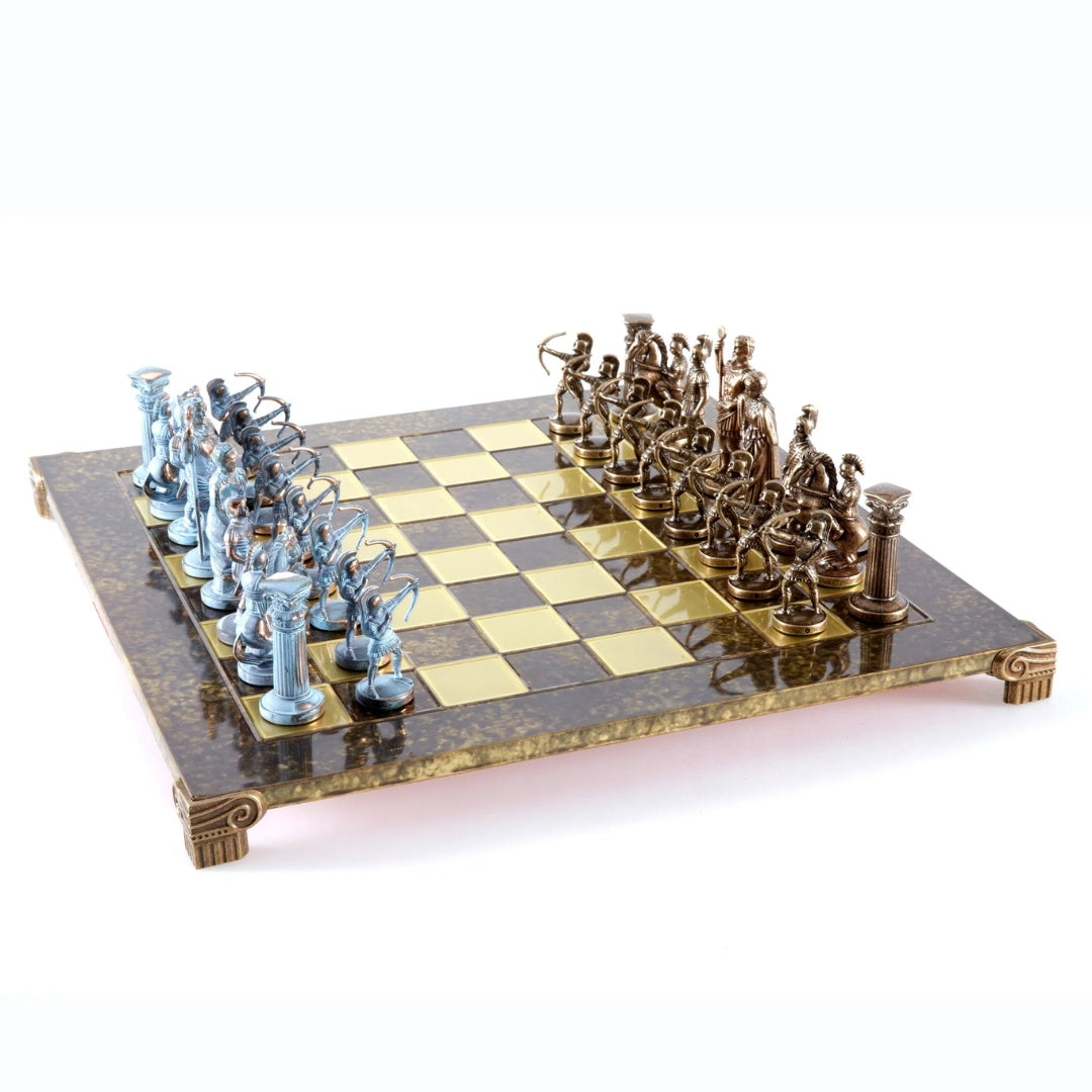 Messing-Schachspiel Bogenschützen 44x44 cm mit individueller Gravurmöglichkeit – luxuriöses Geschenk für Mythologie- und Strategie-Liebhaber, hochwertige handgefertigte Figuren  