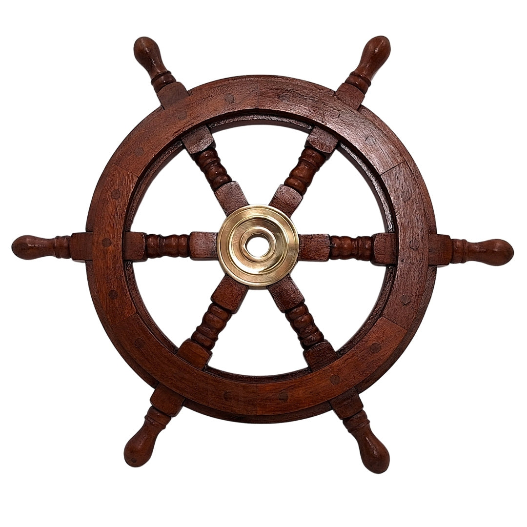 Holz-Steuerrad 45 cm mit Messingmitte – personalisierte Gravur – Retro maritime Dekoration als Geschenk für Segler oder Meeresliebhaber