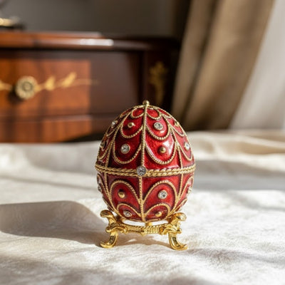 Exklusive Metall-Geschenkbox Fabergé mit Kristallen in Rot-Gold, personalisierbare Gravur, ideales Geschenk, Maße 5,5x6,5 cm  