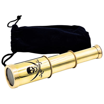 Piratenteleskop mit Emblem – klappbares Messingteleskop mit Gravur – perfektes Geschenk für junge Meeresentdecker – Höhe 15 cm, Set mit Samtbeutel