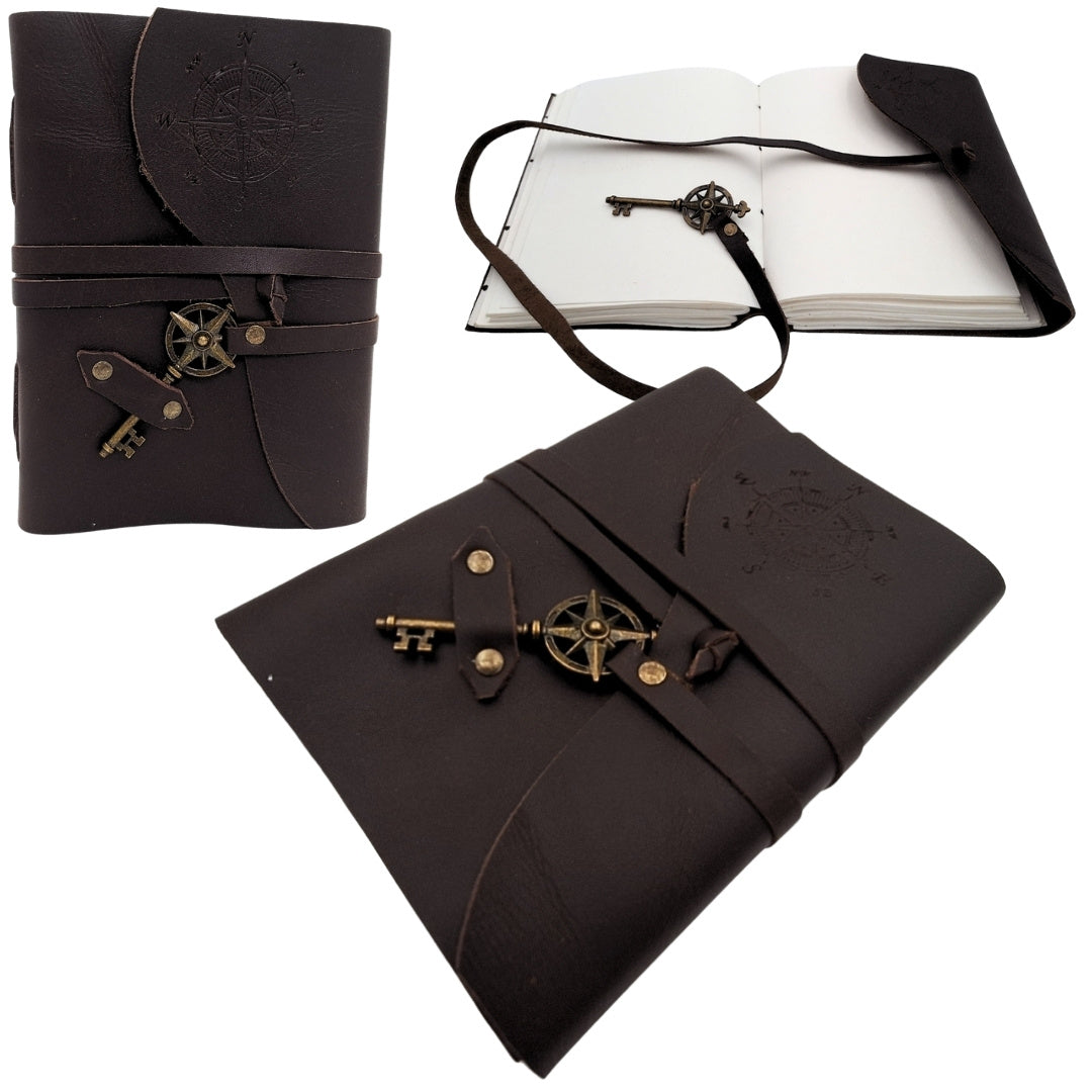 Retro Leder-Notizbuch Windrose 200 Seiten mit Personalisierung durch Gravur