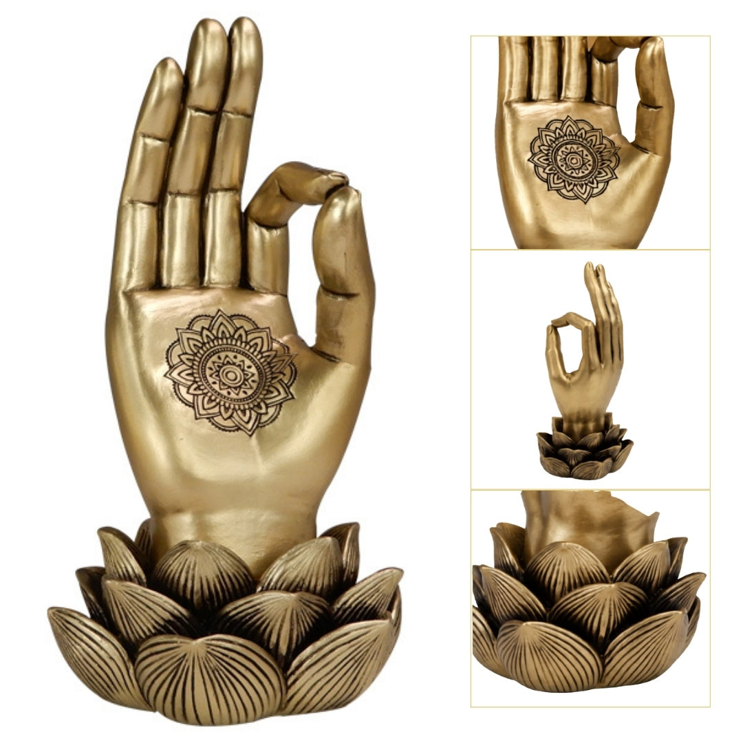 Goldene Figur Hand von Buddha Mudra OM mit Gravur - elegante Dekoration als Geschenk - Lotusblume, 21 cm, Polyresin, Glamour-Stil