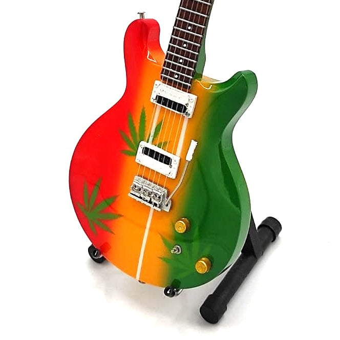 Mini-Gitarre Bob Marley Tribute Ganja MGT-0468 mit Möglichkeit zur personalisierten Gravur, ideales Geschenk für Reggae-Fans, handgefertigt aus Mahagoniholz, Höhe 27,5 cm, Farbe Gelb, Rot, Grün, Weiß
