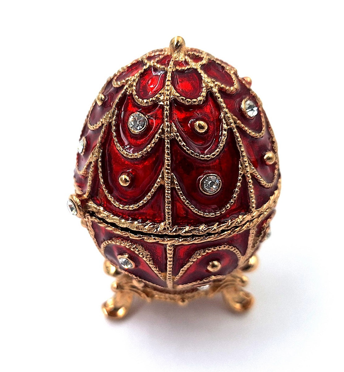 Exklusive Metall-Geschenkbox Fabergé mit Kristallen in Rot-Gold, personalisierbare Gravur, ideales Geschenk, Maße 5,5x6,5 cm  