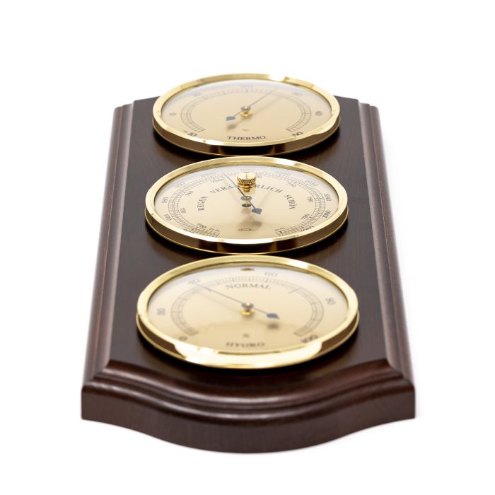 Wetterstation Fischer 9176-22 mit Barometer, Hygrometer und Thermometer in einem Messingrahmen auf Mahagonibasis mit Option zur personalisierten Gravur