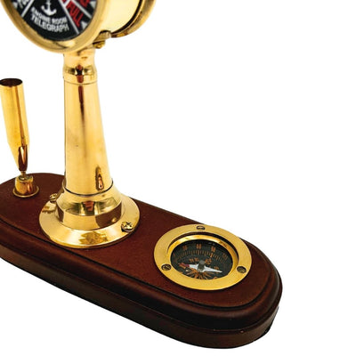 Elegantes Schreibtischset mit Gravur – Maschinentelegraf, Kompass und Stifthalter auf Holzsockel – Perfektes Geschenk für Segler, Manager oder Retro-Stil-Liebhaber – Hochwertiges Messing und Holz, Maße 16,5 x 6 x 16,8 cm  