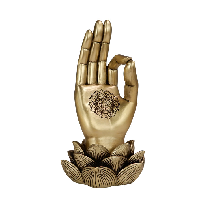 Goldene Figur Hand von Buddha Mudra OM mit Gravur - elegante Dekoration als Geschenk - Lotusblume, 21 cm, Polyresin, Glamour-Stil