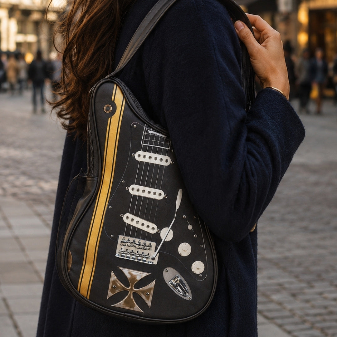 Schultertasche in Gitarrenform mit Malteserkreuz – personalisiertes Geschenk für Gitarristen