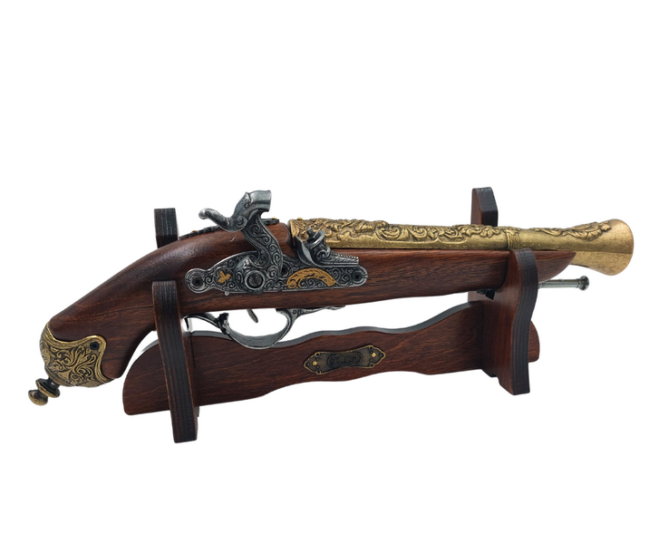Replik einer Steinschlosspistole aus dem 18. Jahrhundert auf Ständer mit personalisierbarer Gravur – elegantes Deko-Element und ideales Geschenk für Geschichtsliebhaber – aus Metall und Holz, Länge 38 cm
