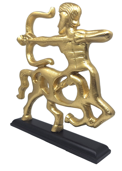 Goldene dekorative Schütze-Figur mit Holzsockel und Option zur Personalisierung durch Gravur