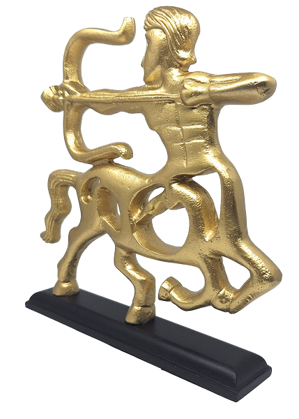 Goldene dekorative Schütze-Figur mit Holzsockel und Option zur Personalisierung durch Gravur