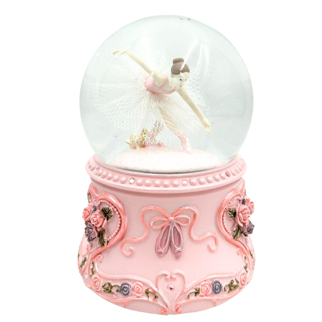 Tanzende Ballerina in einer 15 cm Glaskugel mit personalisierter Gravur – Elegante Spieluhr mit pastellfarbenem Sockel und Melodie Schwanensee