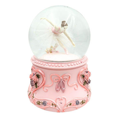Tanzende Ballerina in einer 15 cm Glaskugel mit personalisierter Gravur – Elegante Spieluhr mit pastellfarbenem Sockel und Melodie Schwanensee