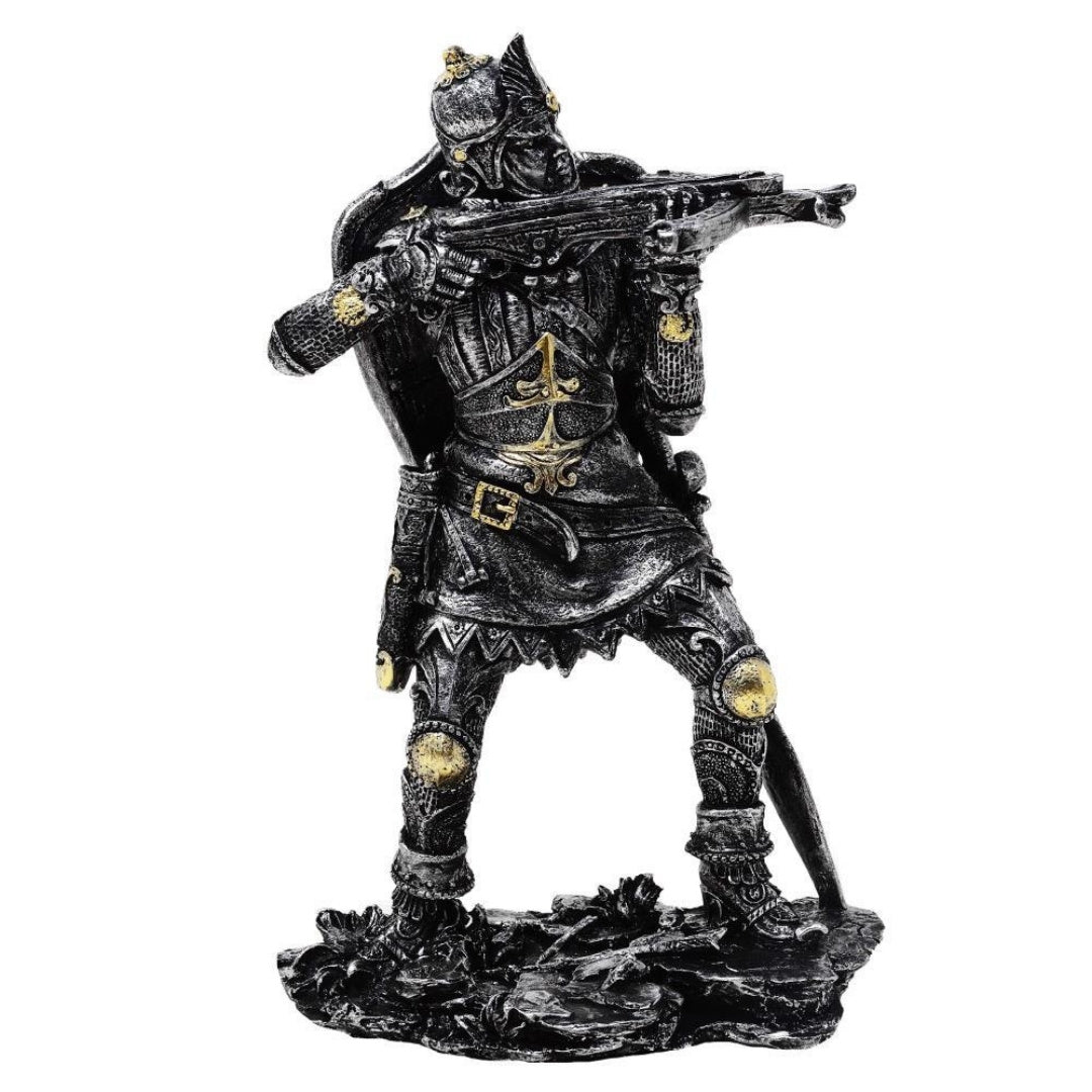 Figur Mittelalterlicher Ritter mit Armbrust 20 cm mit personalisierbarer Gravur - Silber-goldene Dekoration als Geschenk für Geschichts- und Fantasy-Fans - Handbemalt aus Polyresin