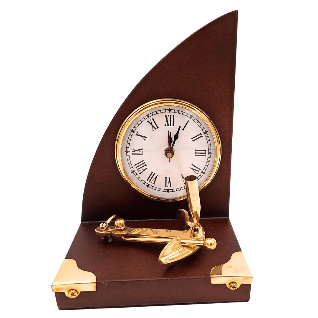 Elegantes maritimes Schreibtischset mit Uhr und Stifthalter aus Messing und lackiertem Holz – Gravur-Personalisierung – Perfektes Geschenk für den Chef oder Liebhaber des Vintage-Stils – Maße 16 x 12,5 x 23 cm  