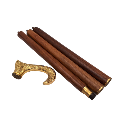 Holzgehstock mit goldenem Griff - faltbar - elegantes Geschenk mit Möglichkeit zur Personalisierung durch Gravur - 91,5 cm, braun mit Messinggriff