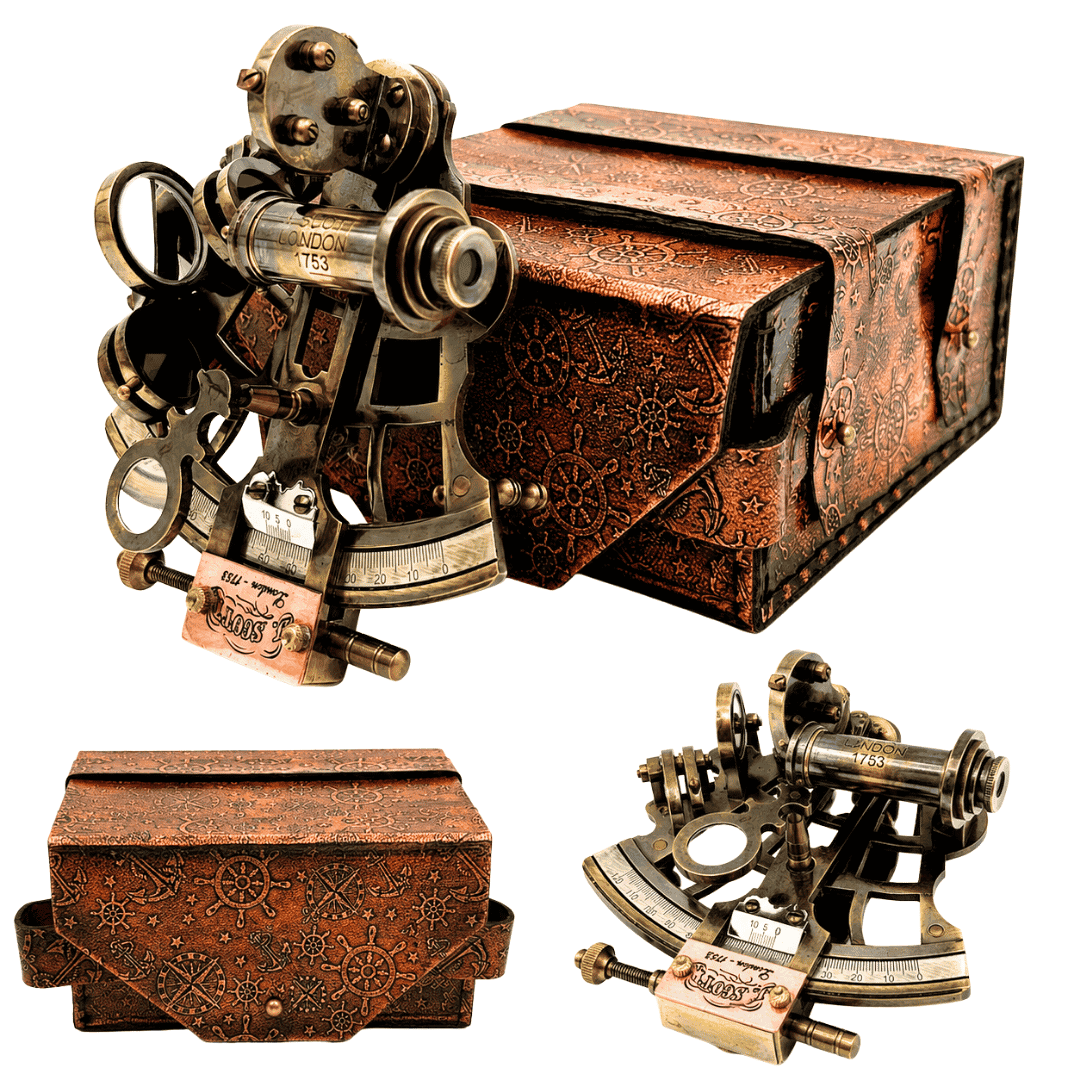 Retro-Sextant aus Messing im Lederetui - Elegantes Navigationsinstrument mit Gravurmöglichkeit - Ideales Geschenk für Liebhaber der Seefahrt und Geschichte - Maße 13x12x7 cm