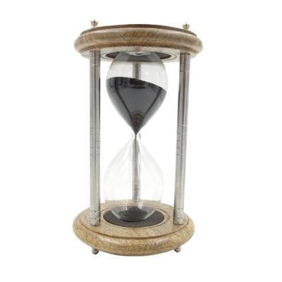 Messing-Holz-Sanduhr 10 min mit Gravur - elegantes Geschenk in Schwarz, Höhe 25 cm, gefertigt aus Metall, Glas und Mangoholz