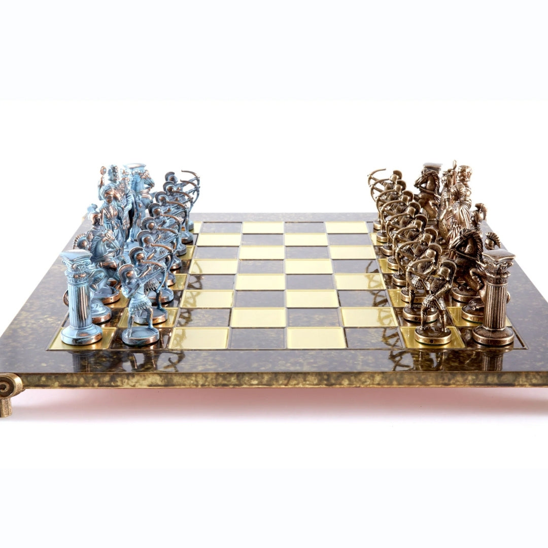 Messing-Schachspiel Bogenschützen 44x44 cm mit individueller Gravurmöglichkeit – luxuriöses Geschenk für Mythologie- und Strategie-Liebhaber, hochwertige handgefertigte Figuren  