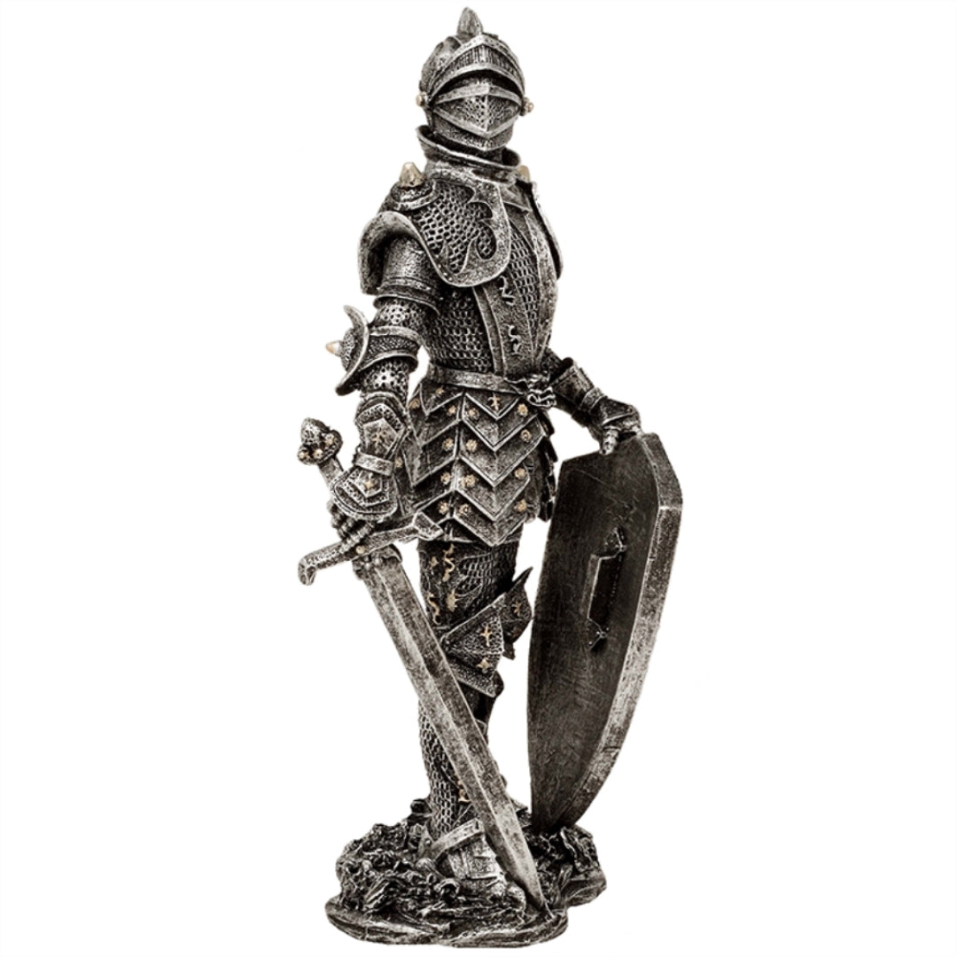 Dekorative Figur Ritter in silberner Rüstung 30 cm mit Gravur-Personalisierung – Elegantes Geschenk für Geschichts- und Fantasy-Liebhaber, handbemalt aus Polyresin  