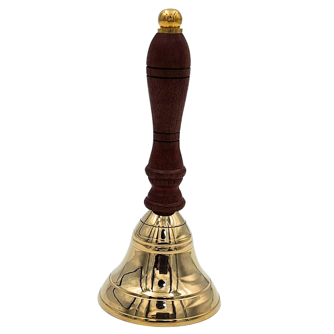 Handglocke Messing mit Holzgriff im Retro-Stil – personalisierte Gravur, ideal als Geschenk – Höhe 16 cm, Durchmesser 7,5 cm, Gold und Braun