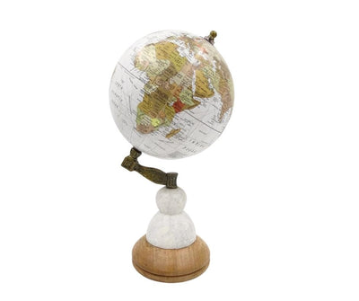 Dekorativer Globus Voyager auf Marmor-Holz-Sockel mit Gravur-Personalisierung – Elegantes Geschenk für Reisebegeisterte, Höhe 32 cm, Durchmesser 15,5 cm, Weiße Karte mit bunten Kontinenten