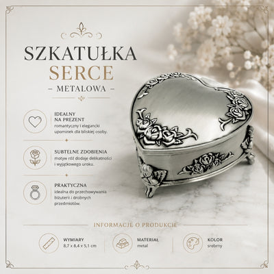 Metall-Schmuckschatulle in Herzform mit personalisierbarer Gravur – elegantes Geschenk zu Valentinstag, Jubiläum oder Geburtstag, verziert mit Rosenmotiv, Maße 8,7 x 8,4 x 5,1 cm