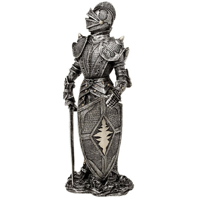 Dekorative Figur Ritter in silberner Rüstung 30 cm mit Gravur-Personalisierung – Elegantes Geschenk für Geschichts- und Fantasy-Liebhaber, handbemalt aus Polyresin  