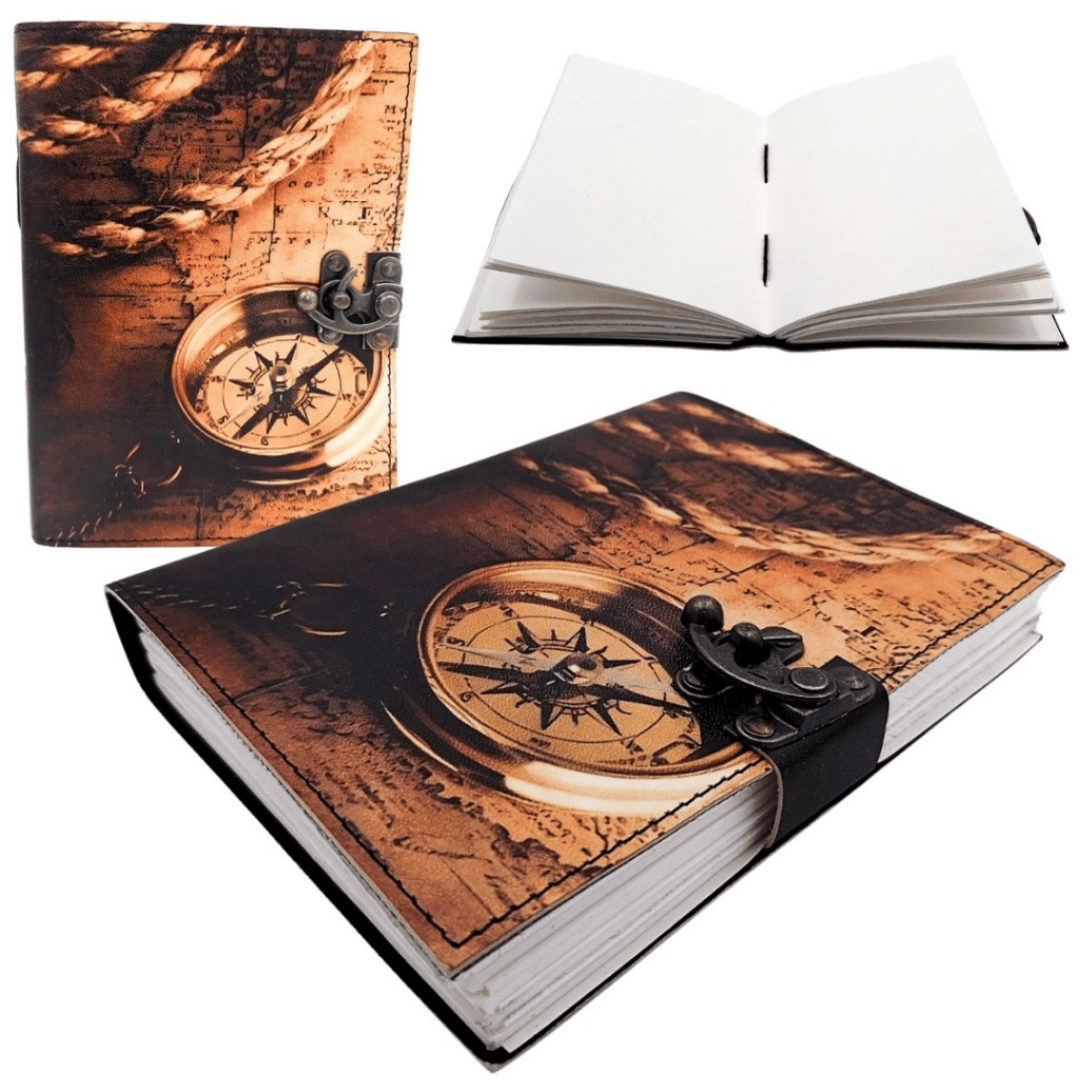 Leder-Notizbuch Kompass Retro Vintage 200 Seiten mit personalisierbarer Gravur
