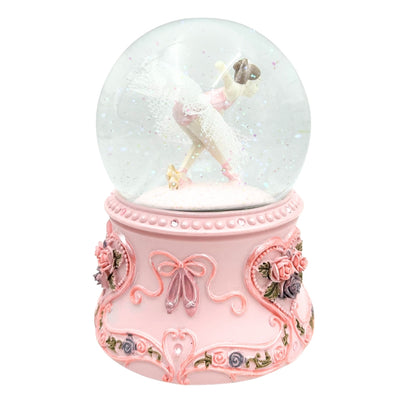 Tanzende Ballerina in einer 15 cm Glaskugel mit personalisierter Gravur – Elegante Spieluhr mit pastellfarbenem Sockel und Melodie Schwanensee
