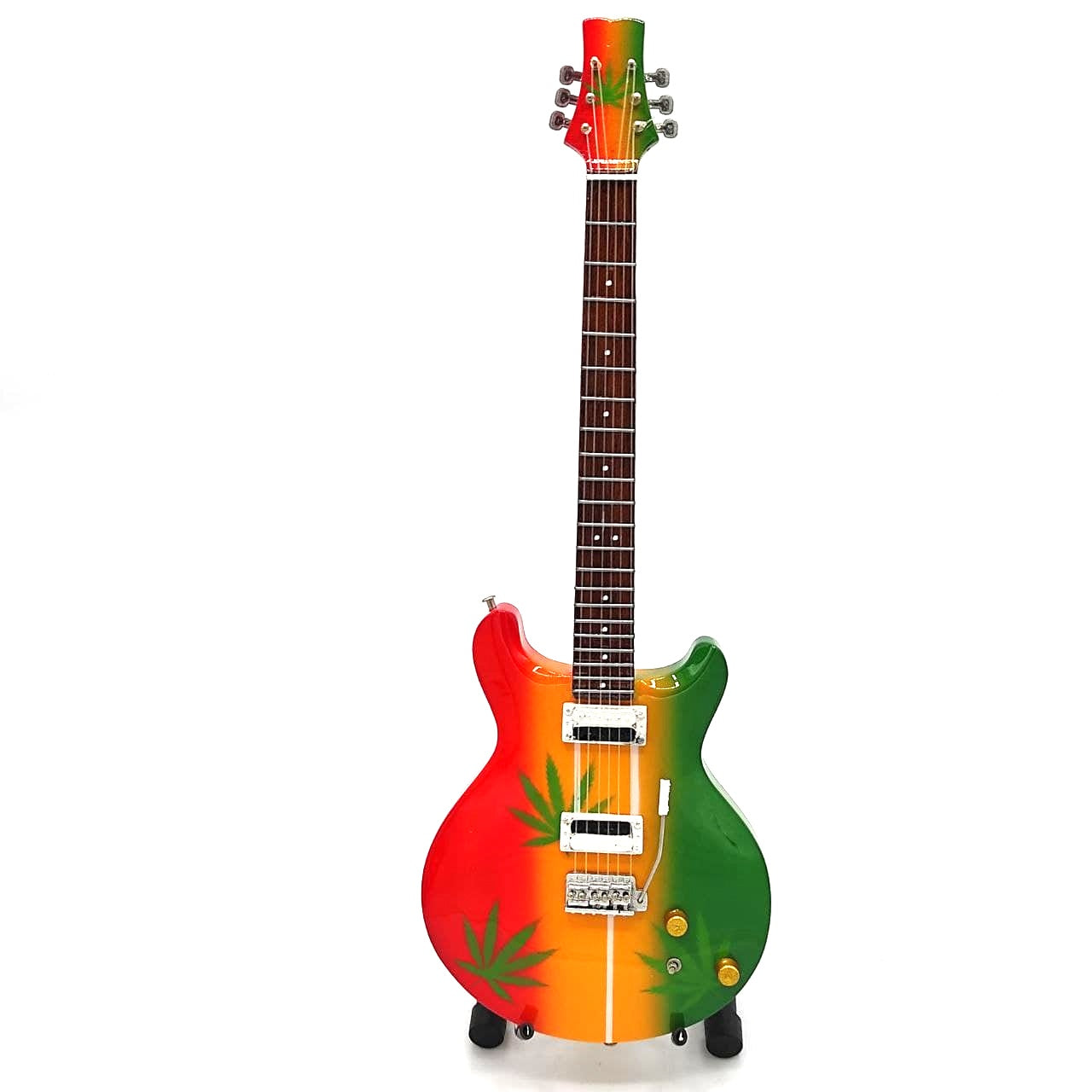 Mini-Gitarre Bob Marley Tribute Ganja MGT-0468 mit Möglichkeit zur personalisierten Gravur, ideales Geschenk für Reggae-Fans, handgefertigt aus Mahagoniholz, Höhe 27,5 cm, Farbe Gelb, Rot, Grün, Weiß