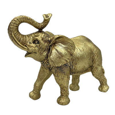 Goldener Elefant mit erhobenem Rüssel – elegante Dekofigur mit personalisierbarer Gravur, ideal als Geschenk – Höhe 20,5 cm, Material Polyresin  