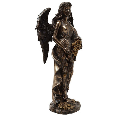 Figur Fortuna, Göttin des Glücks und Reichtums, 29 cm mit Füllhorn – personalisierte Gravur als Geschenk, elegante Dekoration aus Harz-Konglomerat in Braun- und Kupfertönen