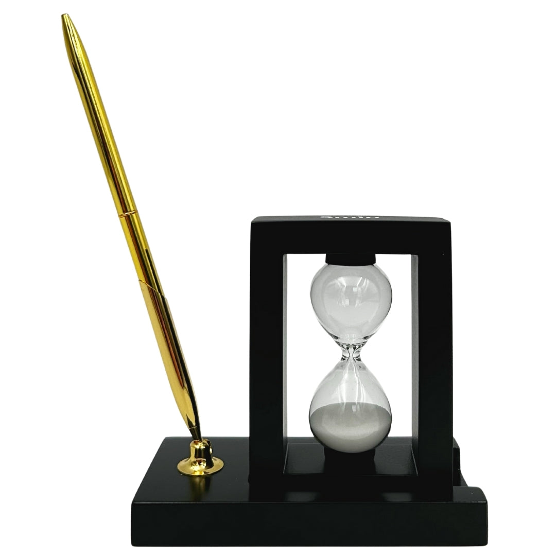 Dekoratives Schreibtisch-Set mit 3-Minuten-Sanduhr und Stifthalter mit Gravur  