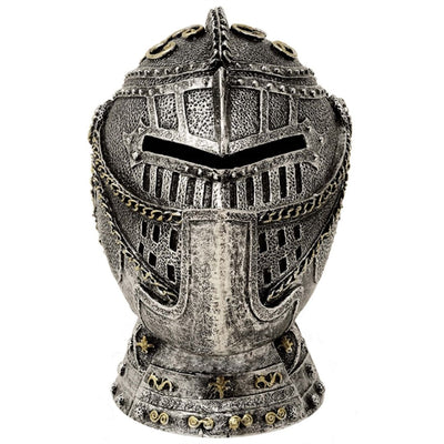 Dekorative Spardose Ritterhelm mit Gravur – antikes Silber, 13 cm