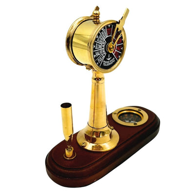 Elegantes Schreibtischset mit Gravur – Maschinentelegraf, Kompass und Stifthalter auf Holzsockel – Perfektes Geschenk für Segler, Manager oder Retro-Stil-Liebhaber – Hochwertiges Messing und Holz, Maße 16,5 x 6 x 16,8 cm  