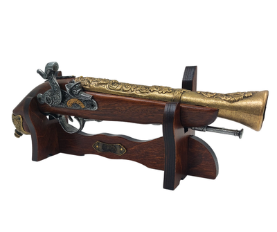 Replik einer Steinschlosspistole aus dem 18. Jahrhundert auf Ständer mit personalisierbarer Gravur – elegantes Deko-Element und ideales Geschenk für Geschichtsliebhaber – aus Metall und Holz, Länge 38 cm