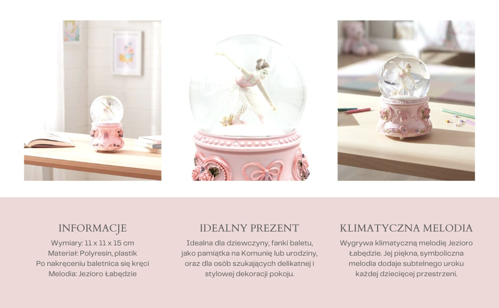 Tanzende Ballerina in einer 15 cm Glaskugel mit personalisierter Gravur – Elegante Spieluhr mit pastellfarbenem Sockel und Melodie Schwanensee