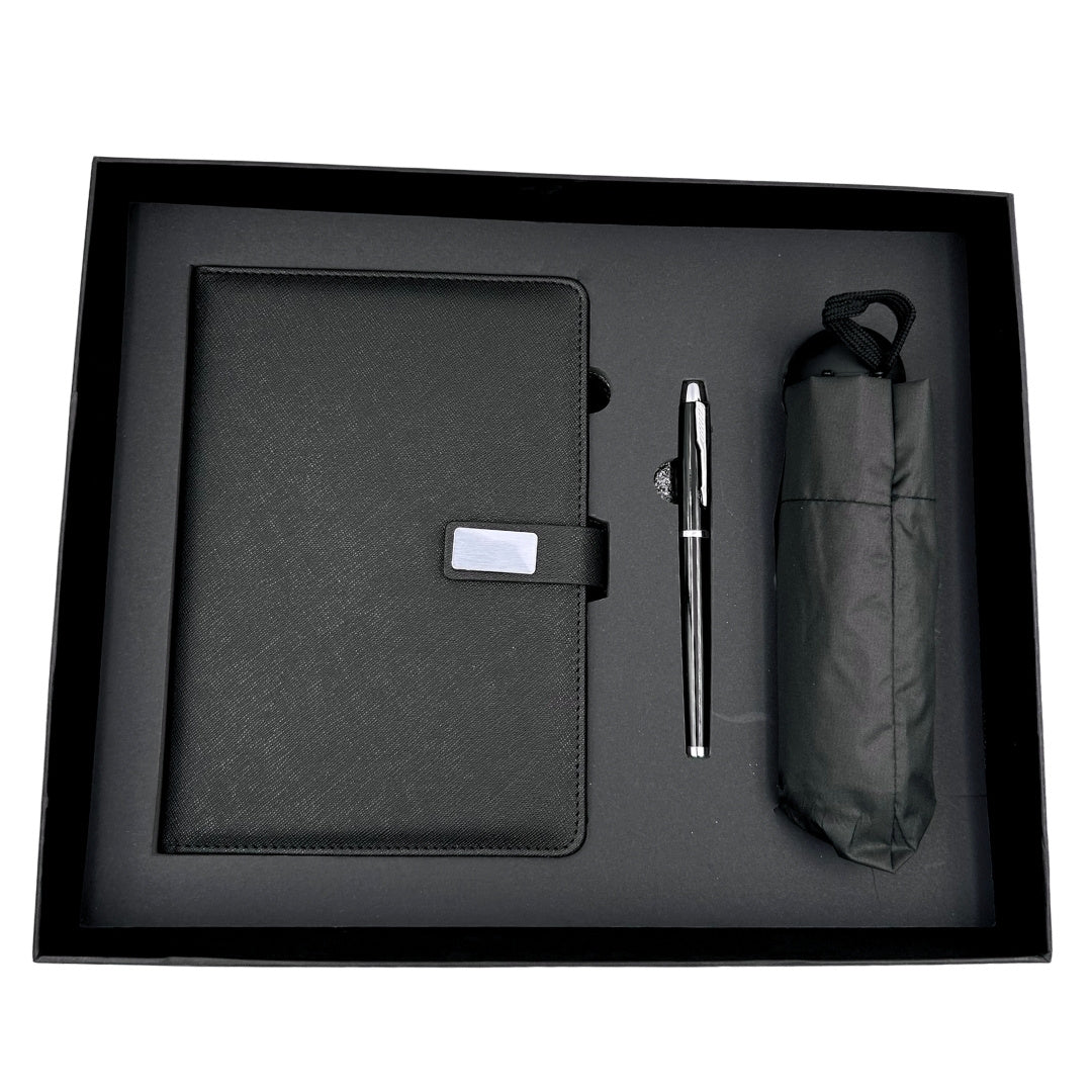 Elegantes Geschenkset mit Personalisierung - Leder-Notizbuch A5, Kugelschreiber und schwarzer Regenschirm in Geschenkbox
