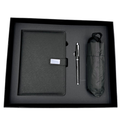 Elegantes Geschenkset mit Personalisierung - Leder-Notizbuch A5, Kugelschreiber und schwarzer Regenschirm in Geschenkbox