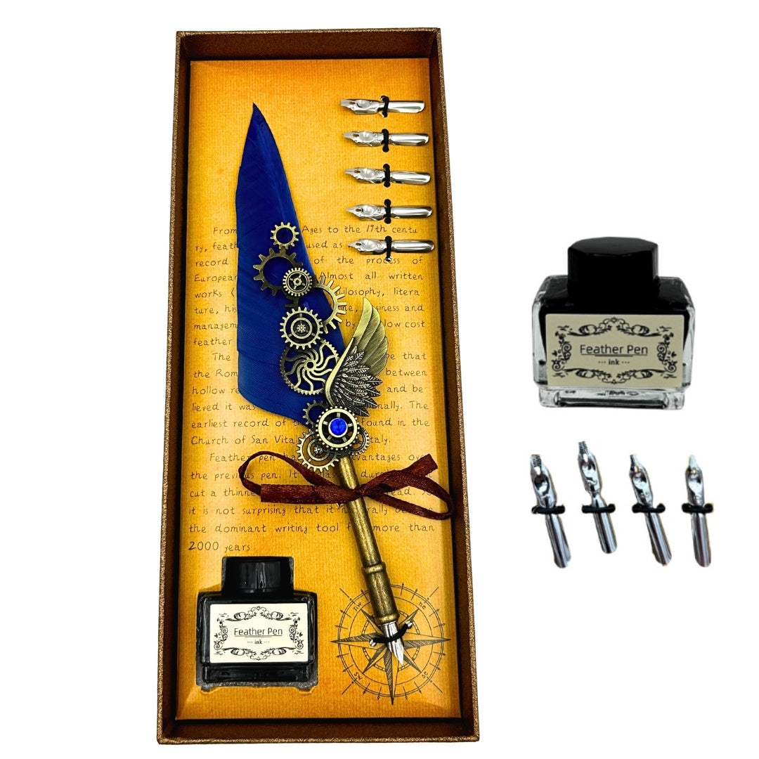 Retro-Kalligrafie-Set mit blauem Gänsefeder-Füllfederhalter, 6 Federn, Tinte, Gravur-Personalisierung, elegantes Vintage-Geschenk