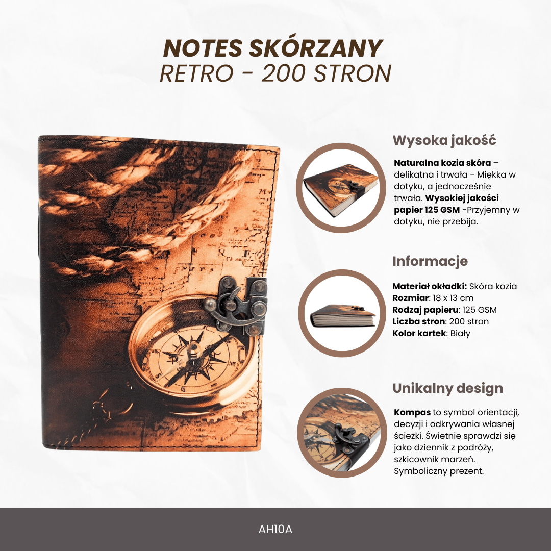 Leder-Notizbuch Kompass Retro Vintage 200 Seiten mit personalisierbarer Gravur