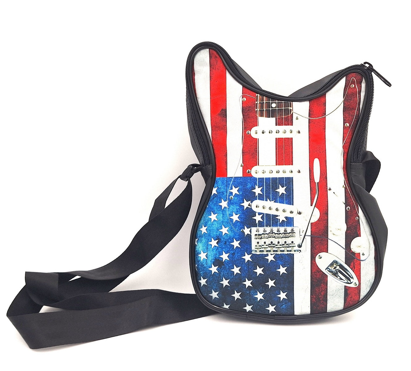 Schultertasche in Gitarrenform mit amerikanischer Flagge – wasserdicht, mit verstellbarem Riemen, Möglichkeit der Personalisierung durch Gravur
