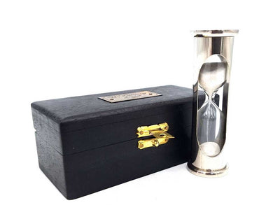 Messing-Sanduhr Retro mit Holzkiste – personalisierte Gravur – ideales Geschenk für 1 Minute – Höhe 8,5 cm – stilvolle Schreibtischdekoration