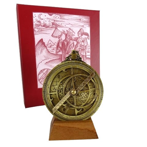 Europäisches Astrolabium H32 – Premium-Renaissance-Replik mit personalisierbarer Gravur – ideales Geschenk mit elegantem Holzsockel – Höhe 12 cm, handgefertigt mit Liebe zum Detail