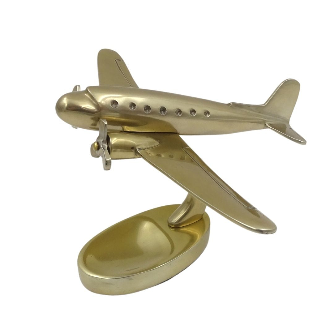 Großes Metallmodell eines zweimotorigen Flugzeugs mit personalisierbarer Gravur, goldfarben, 19,5 x 16,5 x 29 cm