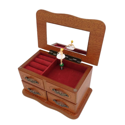 Musik-Schmuckkästchen aus Holz mit Spiegel und Gravur - elegantes Geschenk für Schmuck mit zwei Schubladen, Höhe 10cm, Melodie „The Entertainer“